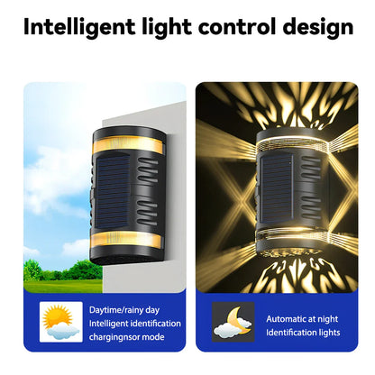 Solar-powered outdoor wall light with waterproof ABS housing measuring 90x60x151mm