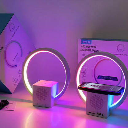 White smart speaker with wireless charging surface, LED lights, and Bluetooth connectivity