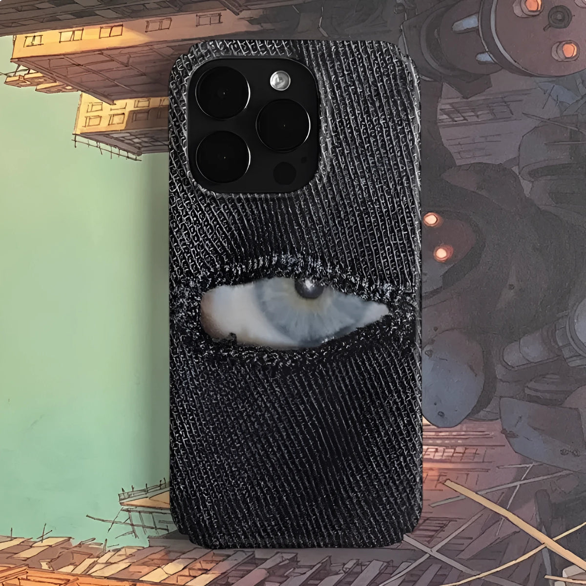 Anime eye art mobile phone case in glossy or frosted hard shell for iPhone and Vivo X100, with large holes for buttons and lenses.