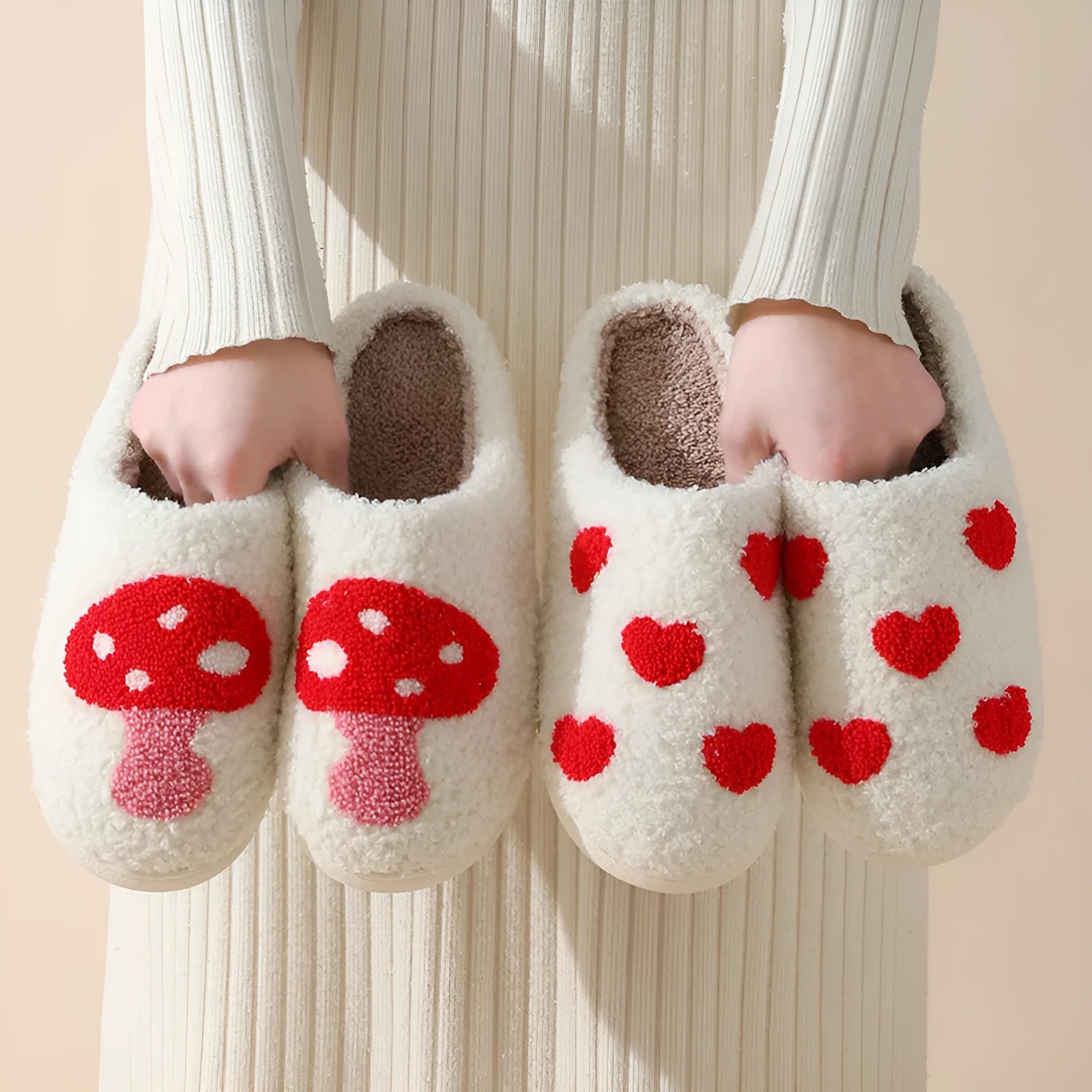Adult women's plush home slipper in a cartoon love design with a round toe and non-slip PVC sole.