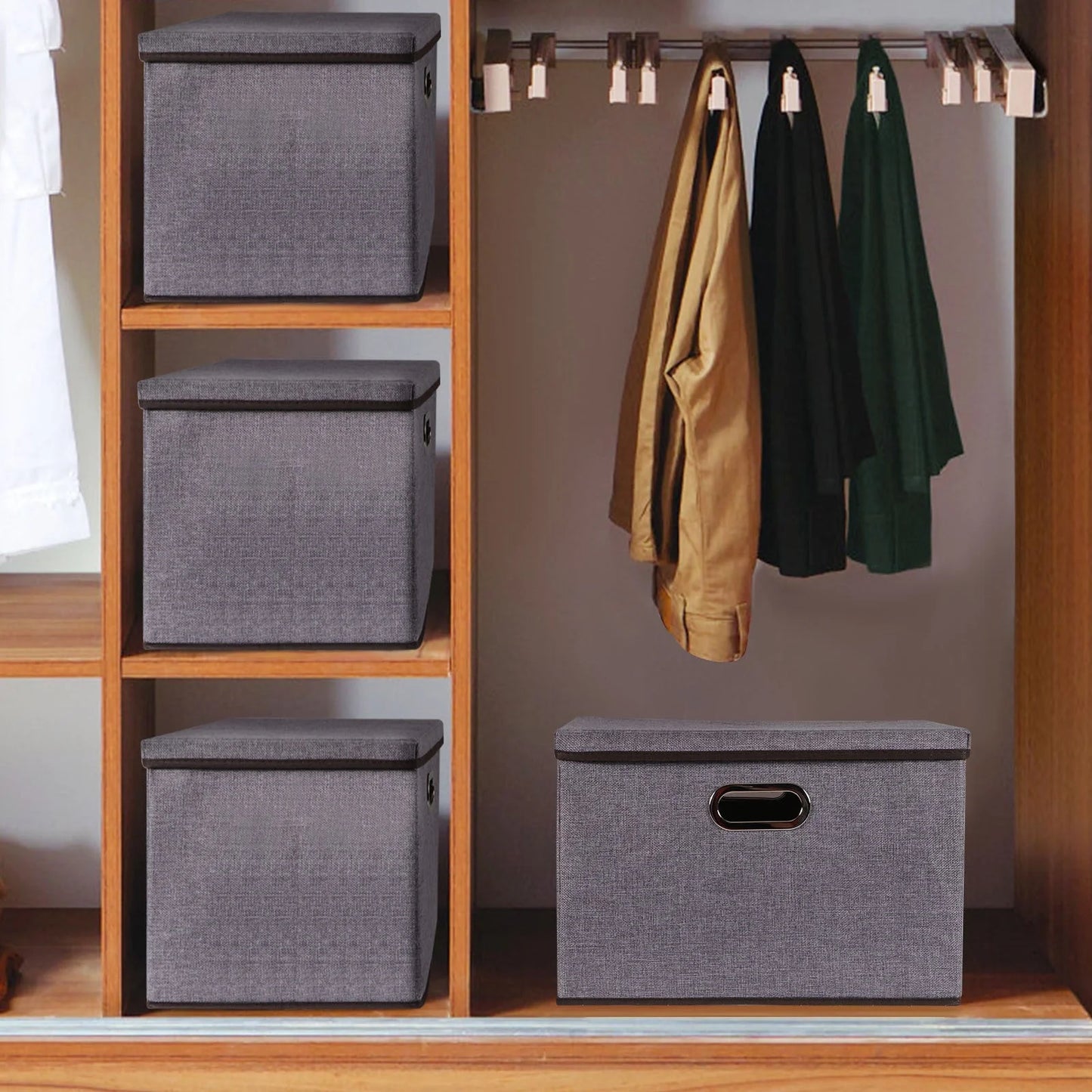 Large folding storage box set in grey, made from cotton linen and non-woven fabric