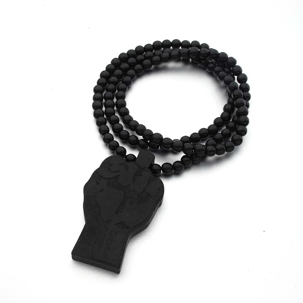 Elegant wooden necklace with unique fist design, made with premium Hemu beads and adjustable 90cm chain