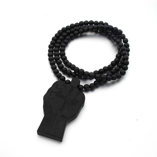 Elegant wooden necklace with unique fist design, made with premium Hemu beads and adjustable 90cm chain