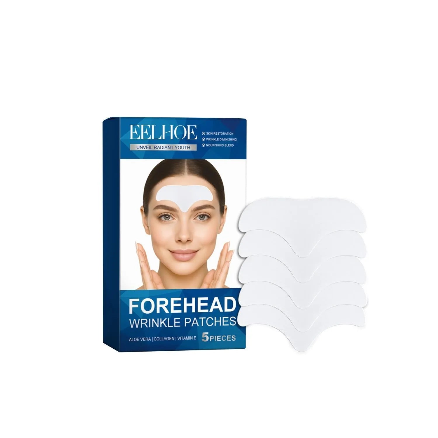 Pack of 5 single-use forehead moisturising patches on non-woven fabric.