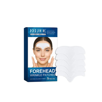 Pack of 5 single-use forehead moisturising patches on non-woven fabric.