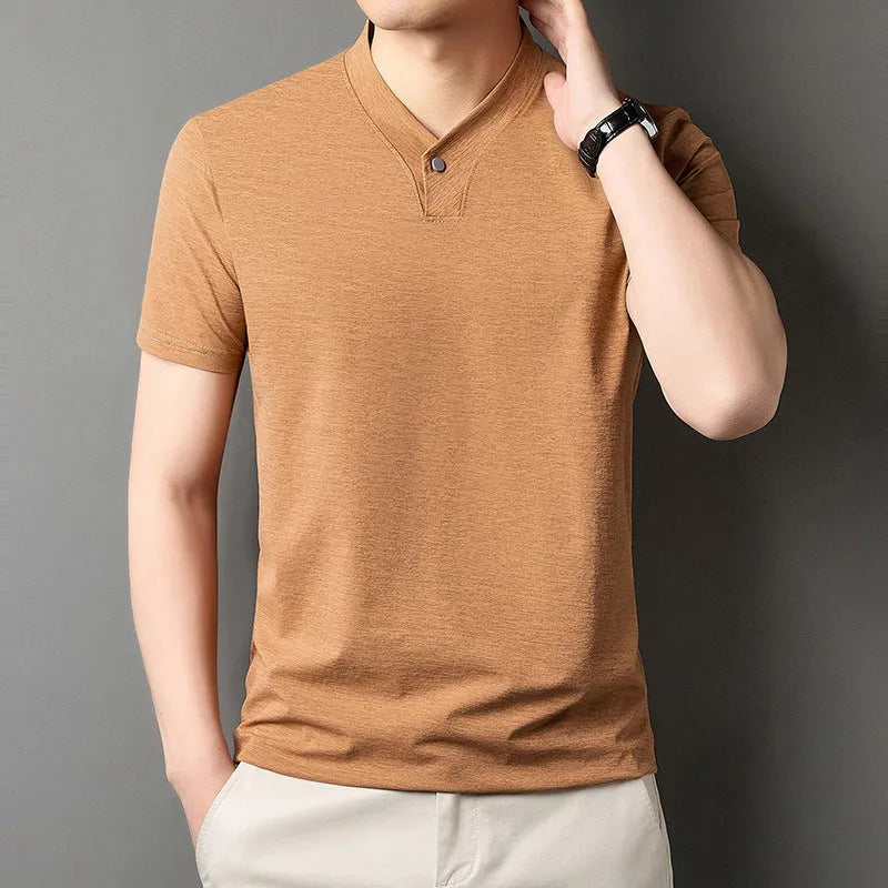 Men's short sleeve t-shirt with front zipper high-collar in polyester blend fabric