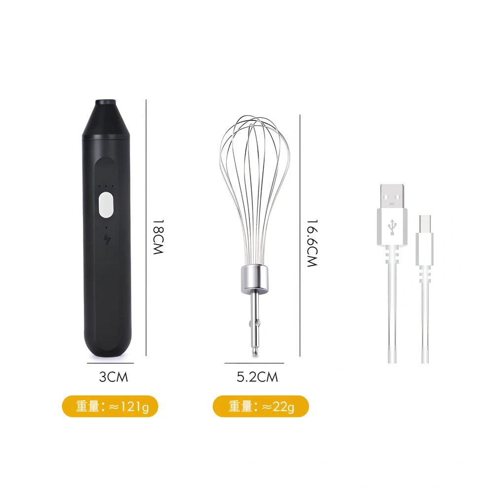 Black handheld electric egg beater with stainless steel beaters and 3-speed control buttons
