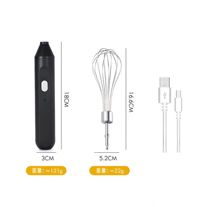 Black handheld electric egg beater with stainless steel beaters and 3-speed control buttons