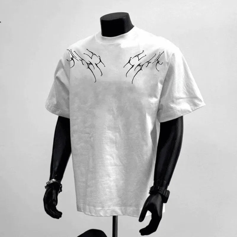Men's loose fit black cotton short sleeve t-shirt on a hanger.