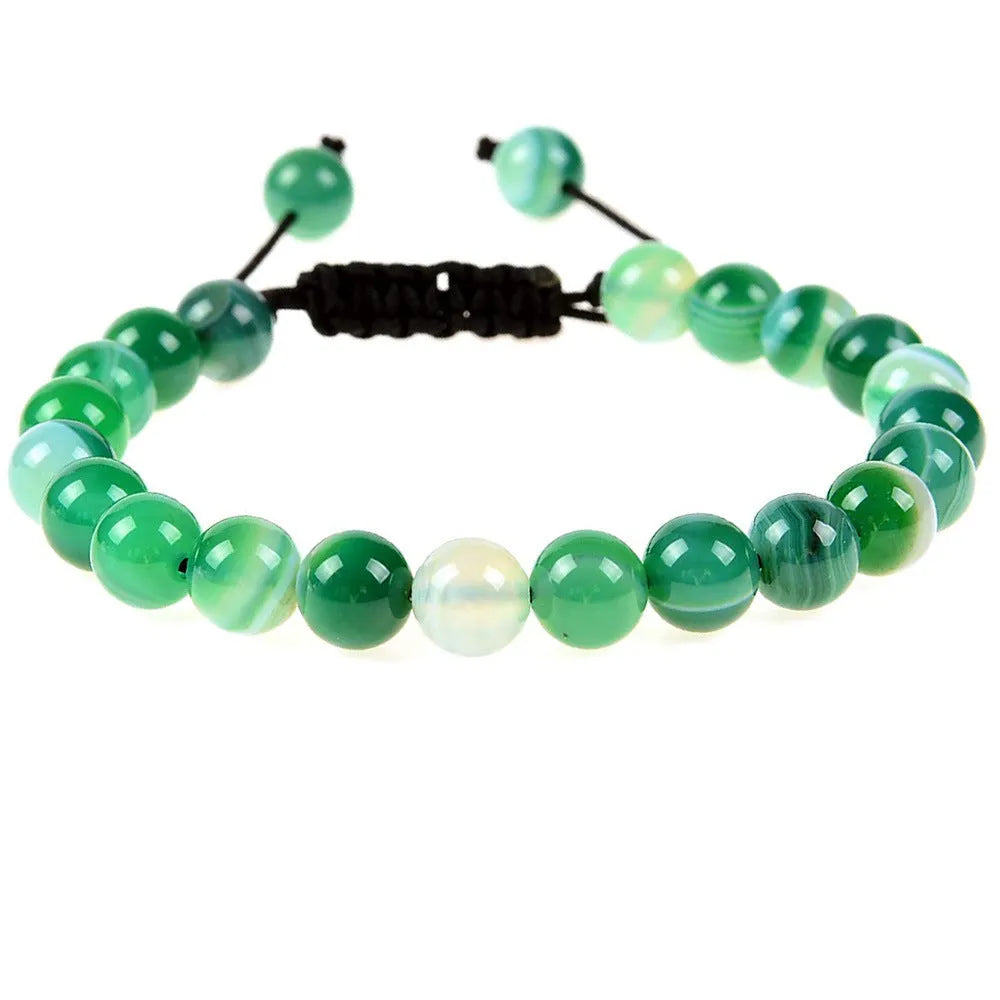 Women's flat knot braided healing bracelet hand-woven with natural gemstone beads in geometric pattern