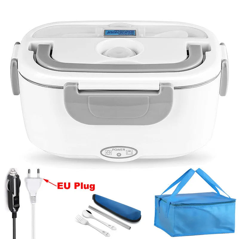 Grey dual-voltage electric lunch box with stainless steel inner tank for car and home use