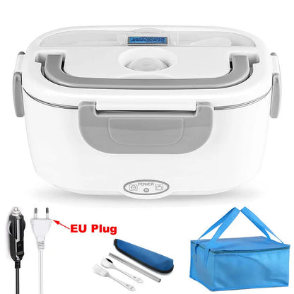 Grey dual-voltage electric lunch box with stainless steel inner tank for car and home use