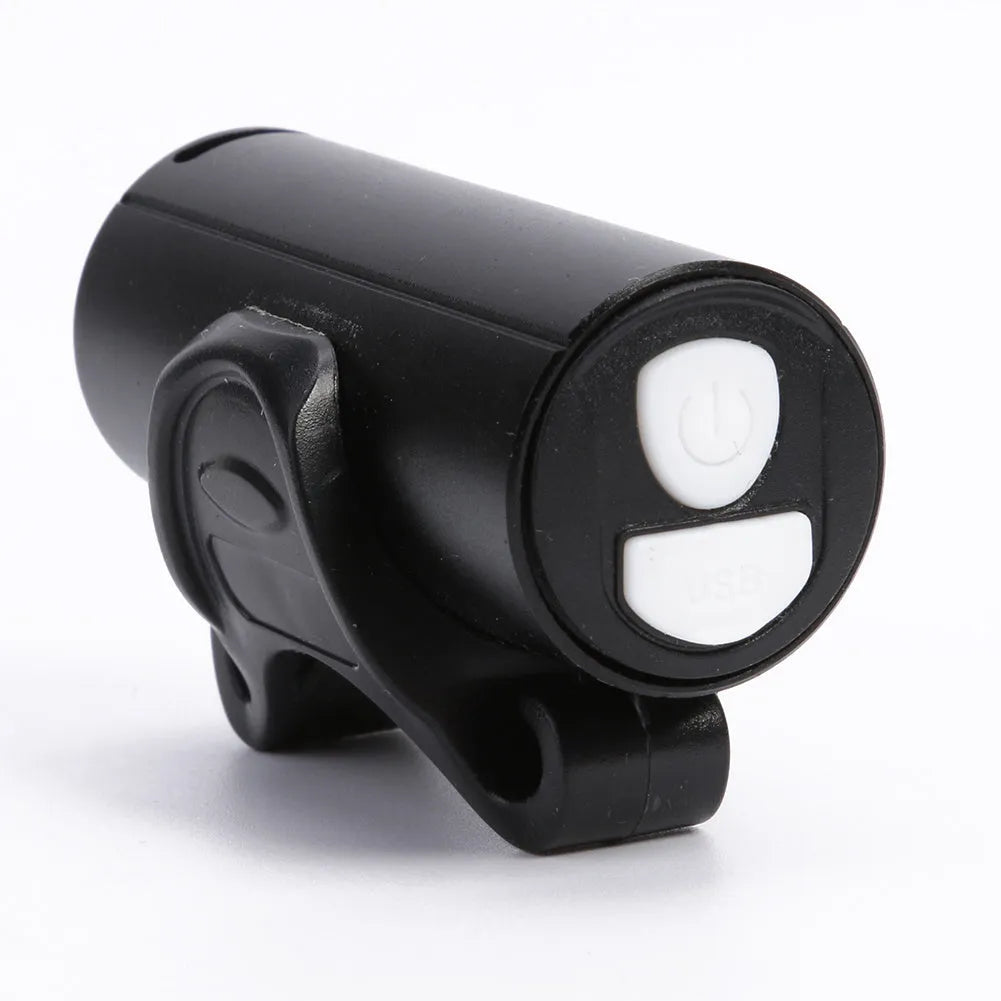 Black USB rechargeable bicycle front light showing 350 lumen output