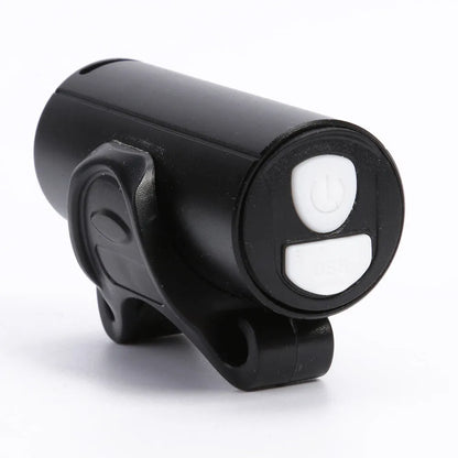 Black USB rechargeable bicycle front light showing 350 lumen output
