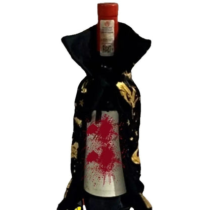 Two-tone cloth wine bottle cloak on a champagne bottle for Christmas decoration.