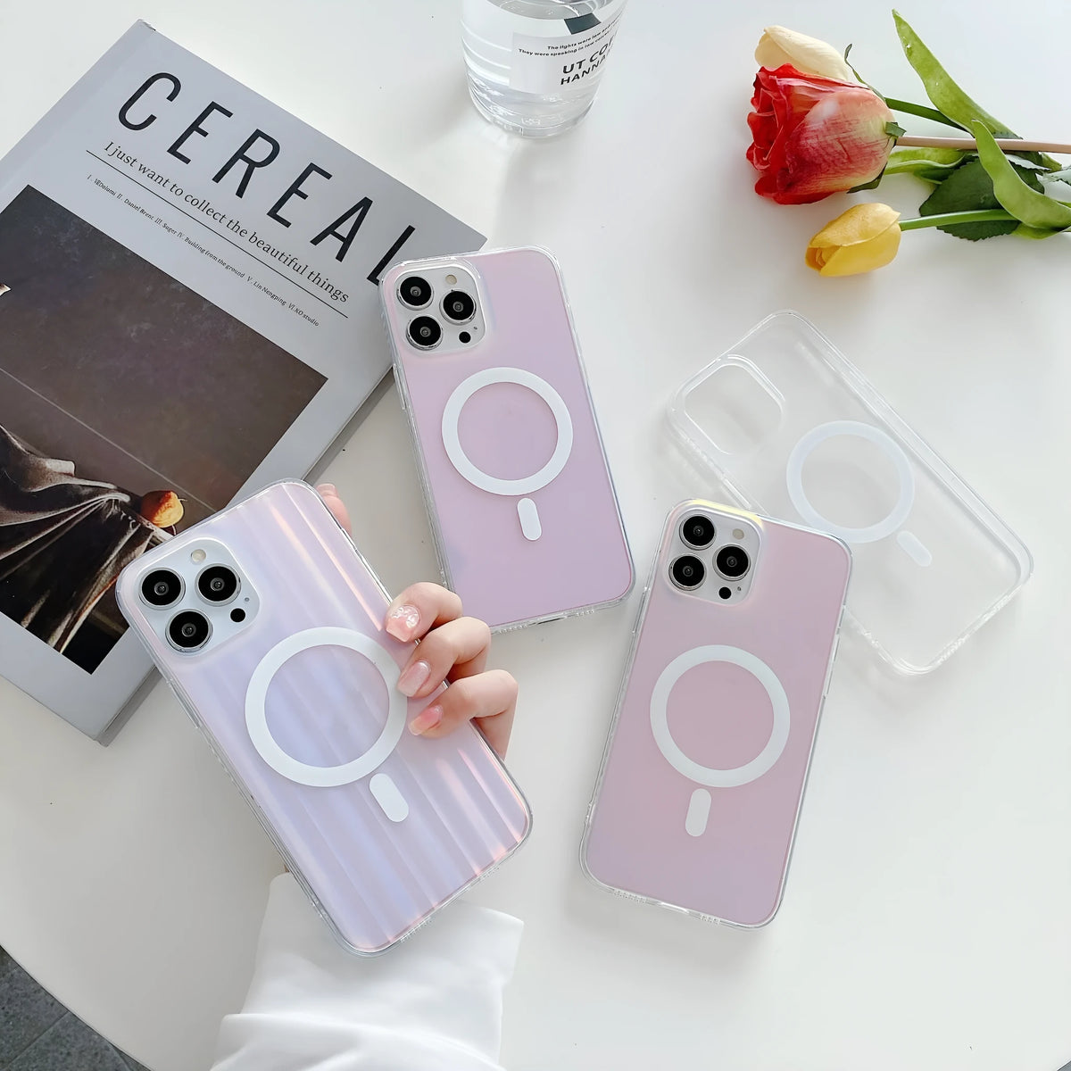 Transparent frosted magnetic iPhone case for iPhone 14 Pro Max, 13 Pro Max, 12 Pro Max, made from TPU and PC with wavy pattern.