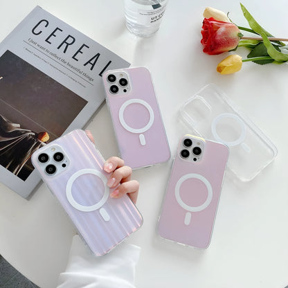 Transparent frosted magnetic iPhone case for iPhone 14 Pro Max, 13 Pro Max, 12 Pro Max, made from TPU and PC with wavy pattern.