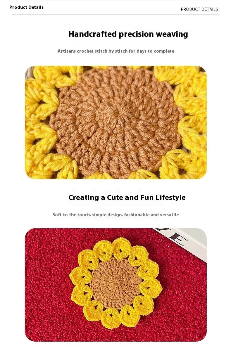 Hand-woven circular wool coaster with a flower pattern, part of a set for table protection.