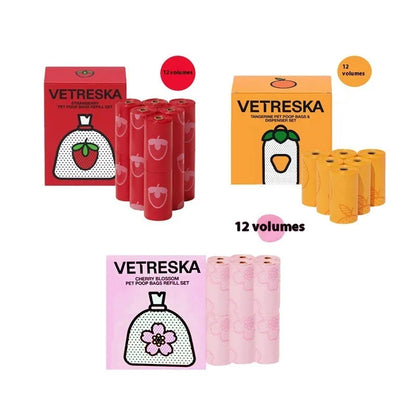 Dog poo bag dispenser capsule with roll of scented waste bags in strawberry, orange, or cherry blossom options