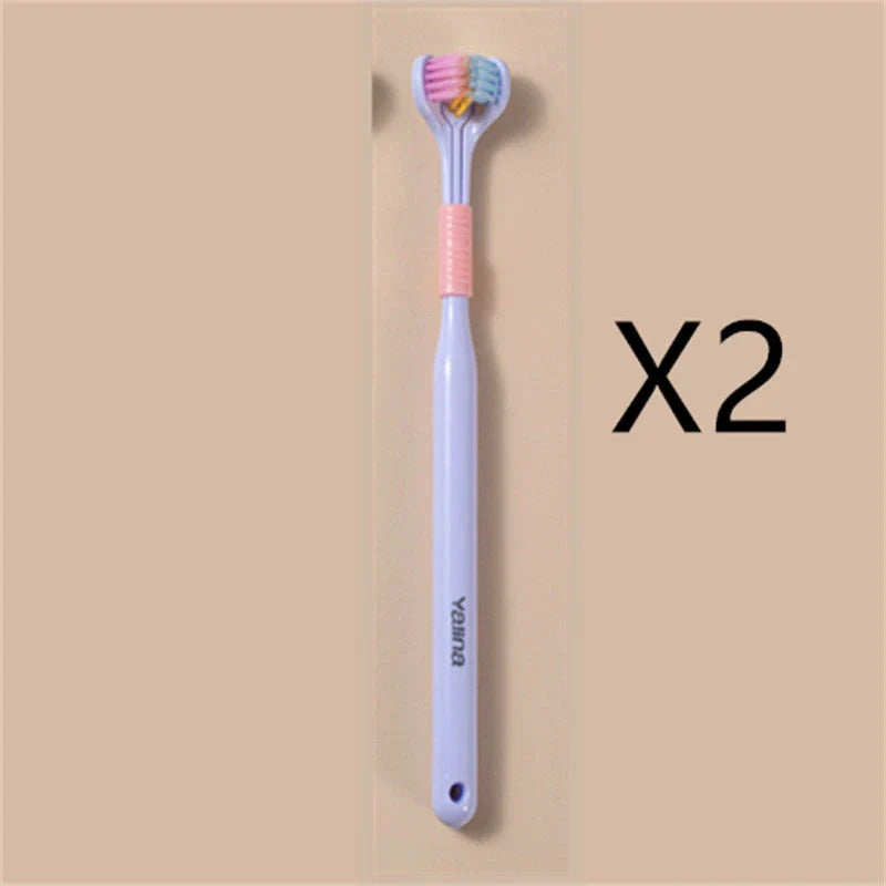 A soft bristle toothbrush with a unique triple-sided brush head for deep cleaning and customizable bristle firmness.