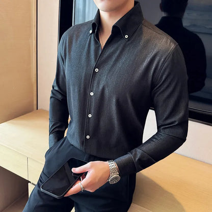 Men's slim fit long-sleeved denim shirt in black, shown on a model.