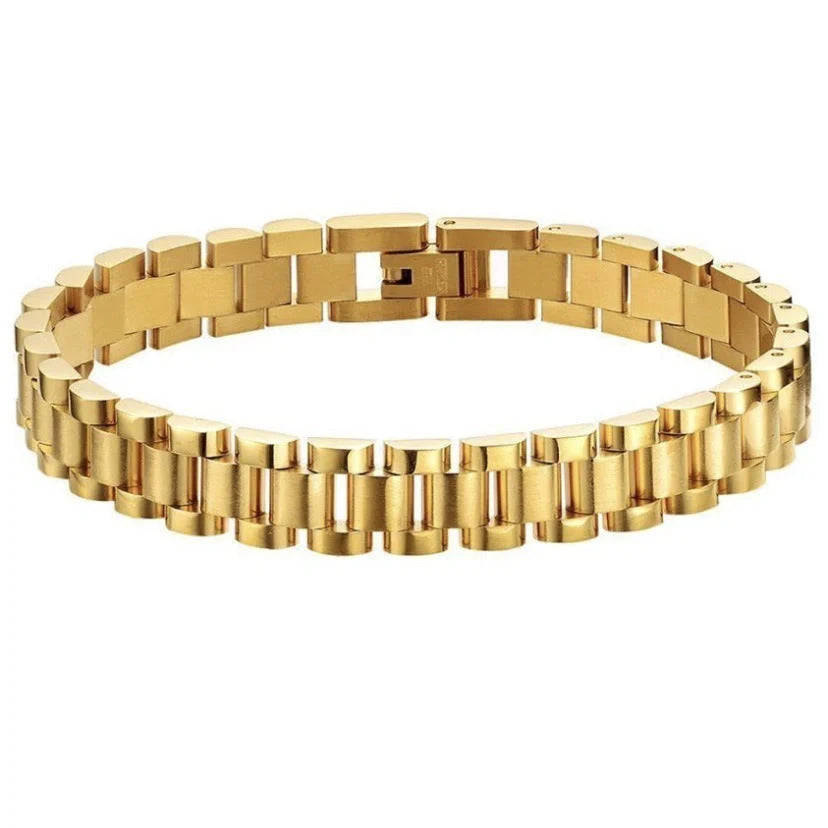 Elegant titanium steel bracelet watch with adjustable, geometric design in gold and stainless steel colours