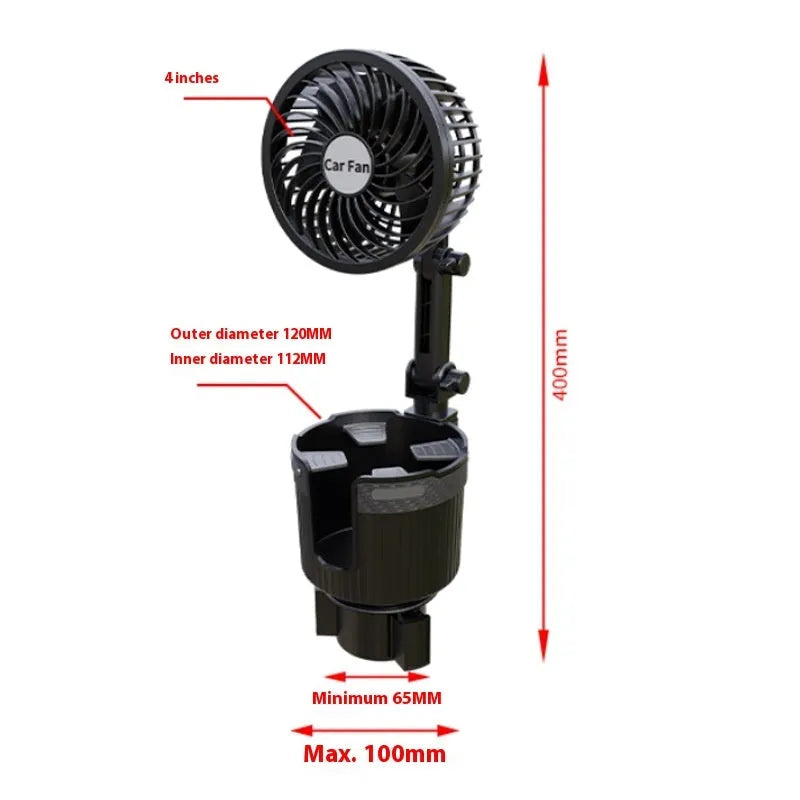Car water cup holder fan in ABS, 4-inch or 6-inch size, with 12V, 24V, or 5V USB power options