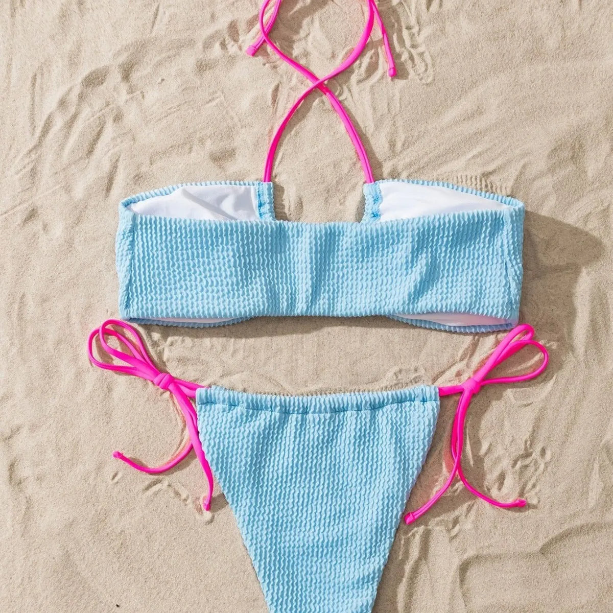 Women's solid colour halter neck lace-up bikini set with backless design and briefs bottom