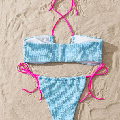 Women's solid colour halter neck lace-up bikini set with backless design and briefs bottom