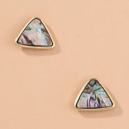 Triangular earrings with natural abalone shell set in a sleek zinc alloy frame