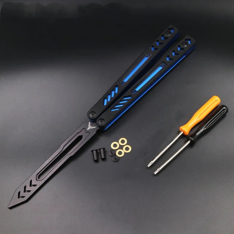 Unbladed butterfly knife trainer with aluminium handle and black G10 non-slip patches