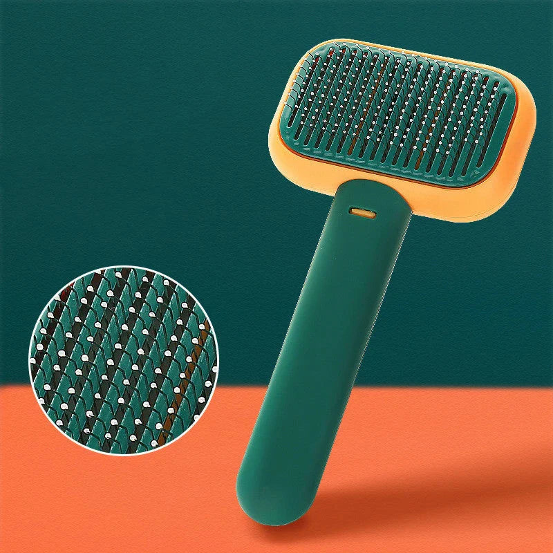 Premium pet hair brush and massage comb for cats and dogs in grey, pink, and green colors