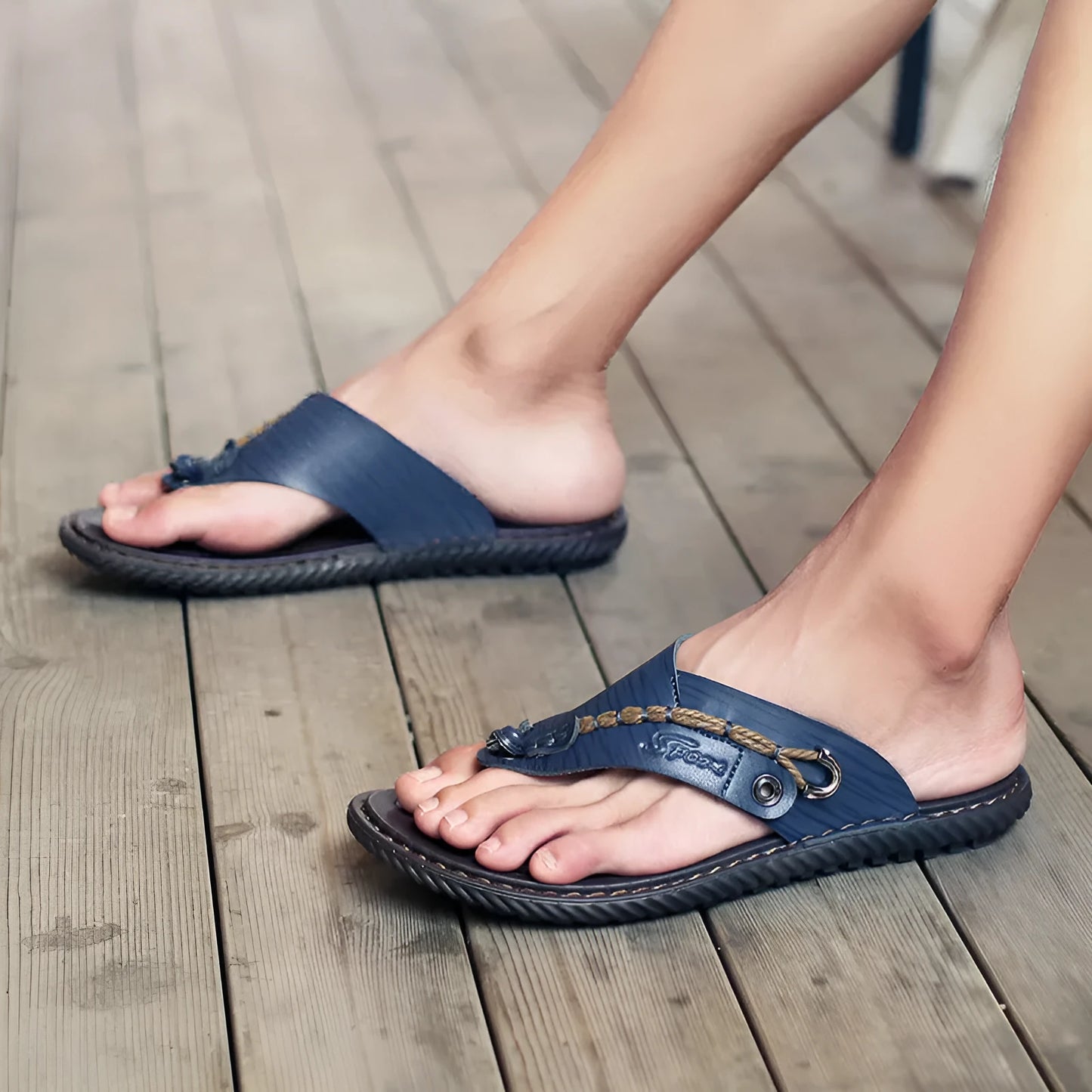 Men's black PU leather casual slippers with non-slip sole on a white background