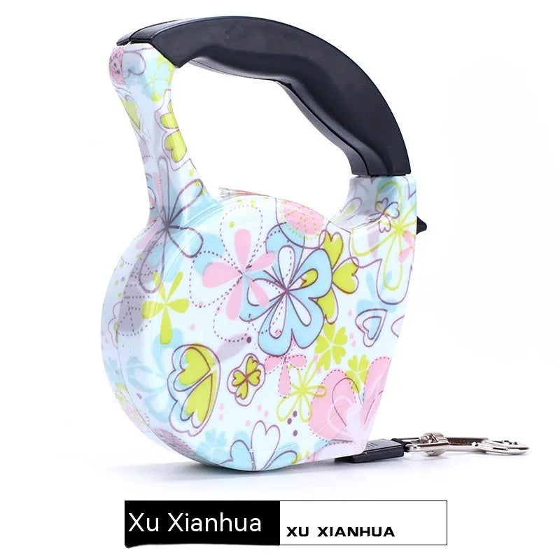 Automatic retractable dog leash, 5 m long, 1 cm wide, plastic, in a choice of printed designs