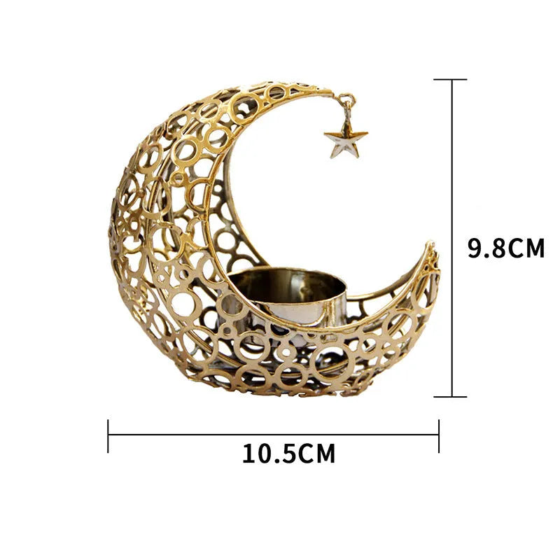 Metal crescent moon candle holder for tealight candles in black or gold colour on desktop