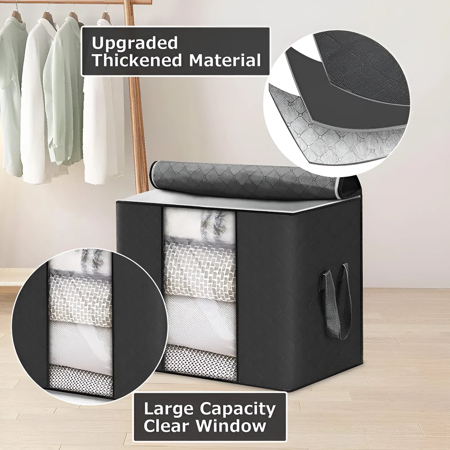 Non-woven storage bag in beige with Japanese handbag design, seal closure, and dimensions 60x40x35cm for quilt organisation