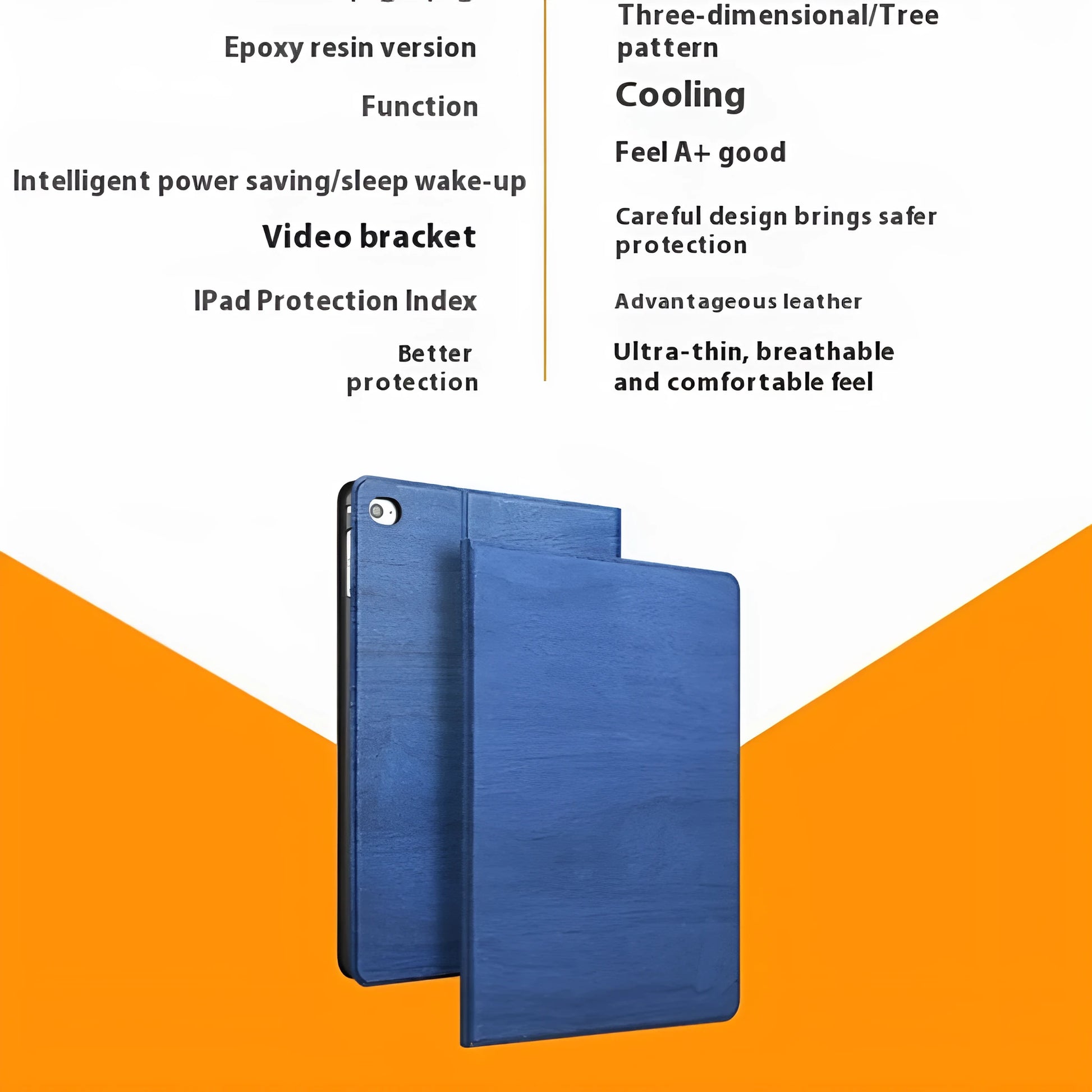 Black imitation leather protective sleep bracket cover for iPad cases shown beside sapphire blue version