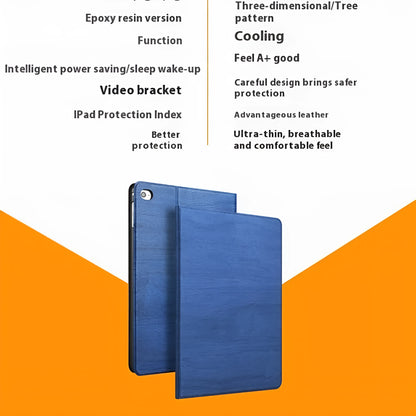 Black imitation leather protective sleep bracket cover for iPad cases shown beside sapphire blue version