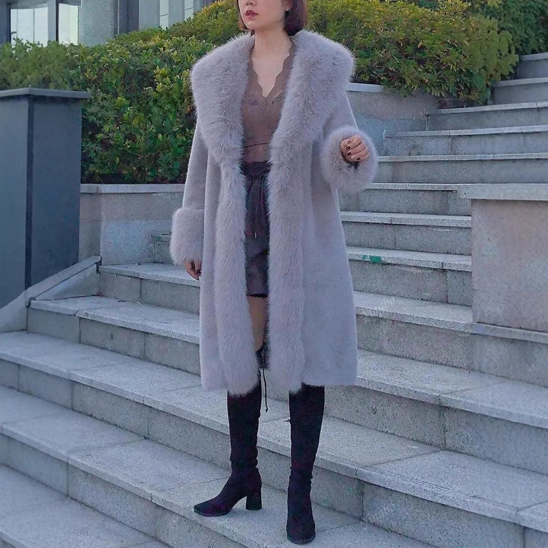 Women's thick faux rabbit fur mid-length coat with fur collar in black, grey, pink, or white, showing 80cm length and regular sleeves.
