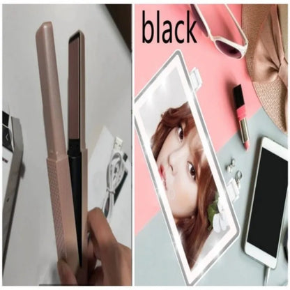 Pink and green cordless mini USB hair straightener and curler with ceramic plates.