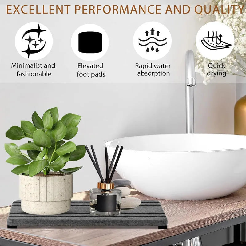 Square bathroom countertop water draining pad drying mat in diatom oil material, sizes 20x10cm and 21x10cm