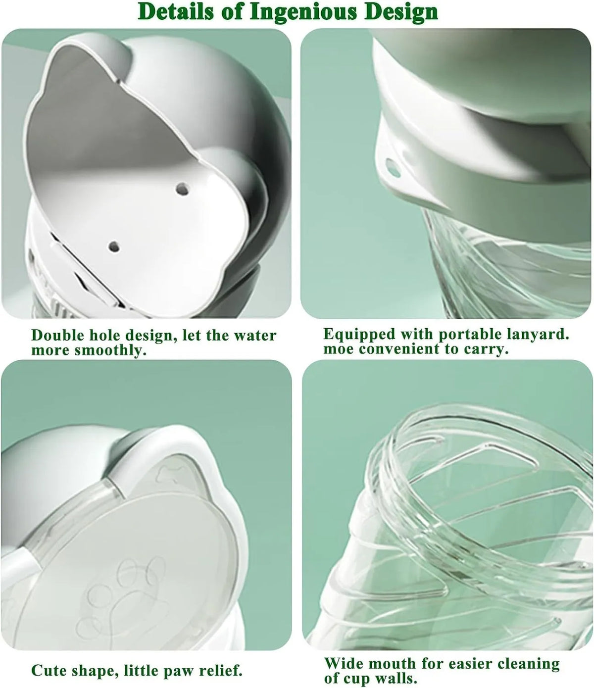 Green 3-in-1 pet water bottle with strap, showing water dispenser, food container, and waste bag dispenser for outdoor use
