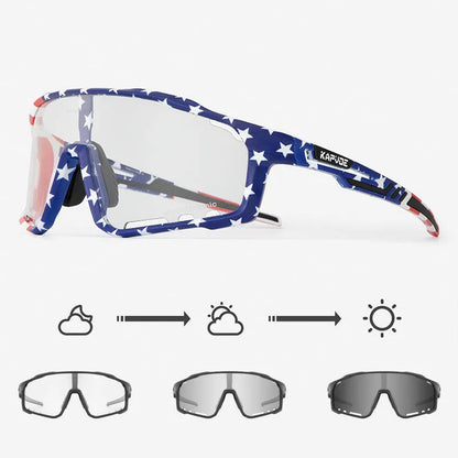 Photochromic cycling sunglasses with TR90 frame in semi-rimless unisex style on a solid colour background.