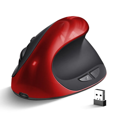 Ergonomic vertical mouse in black, shown next to a laptop, highlighting its unique upright shape and USB receiver.