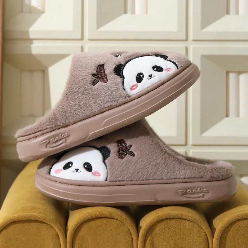 Cozy and stylish panda-themed plush slippers with a thick, cushioned sole for maximum comfort around the house