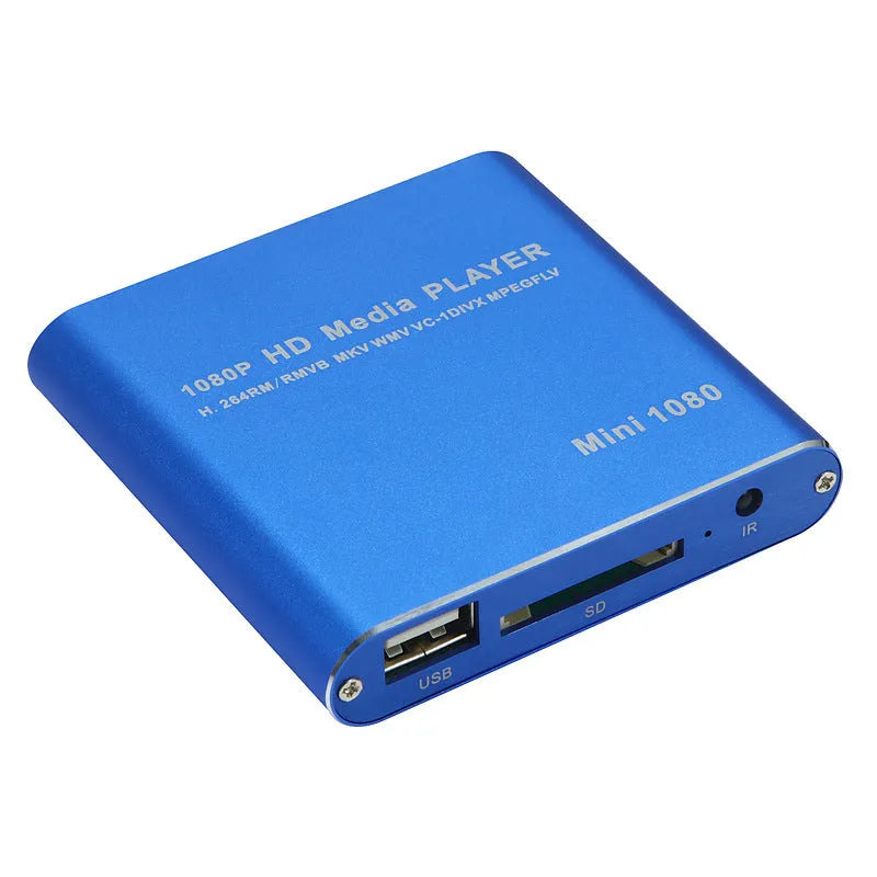 1080p Full HD media player in black metal case with SD card slot, USB port and HDMI output