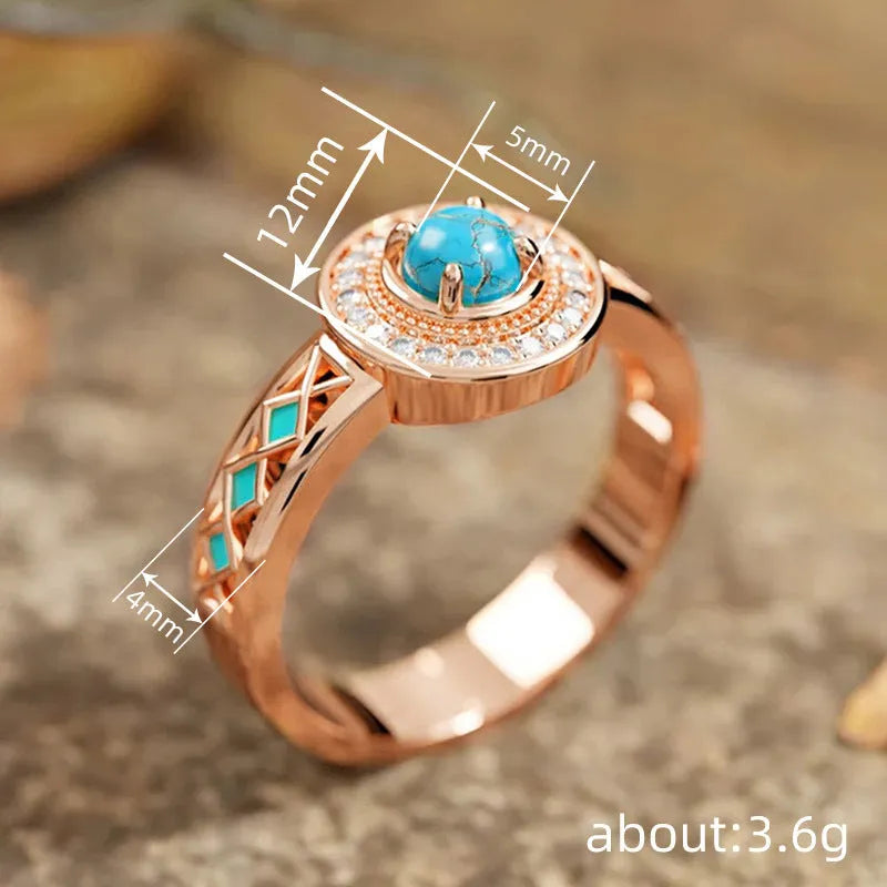 Rose gold copper women's ring with geometric design and inlaid turquoise zircon stones.