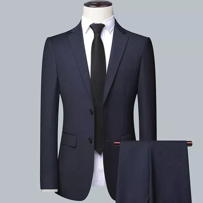 Men's Korean-style slim fit three-piece business suit in chemical fibre blend with tie