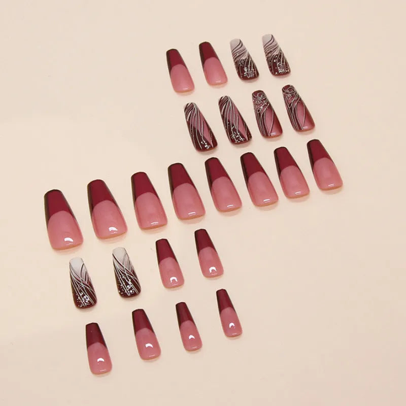 French line pattern fake nails with glue included in package