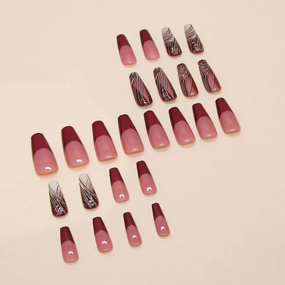 French line pattern fake nails with glue included in package